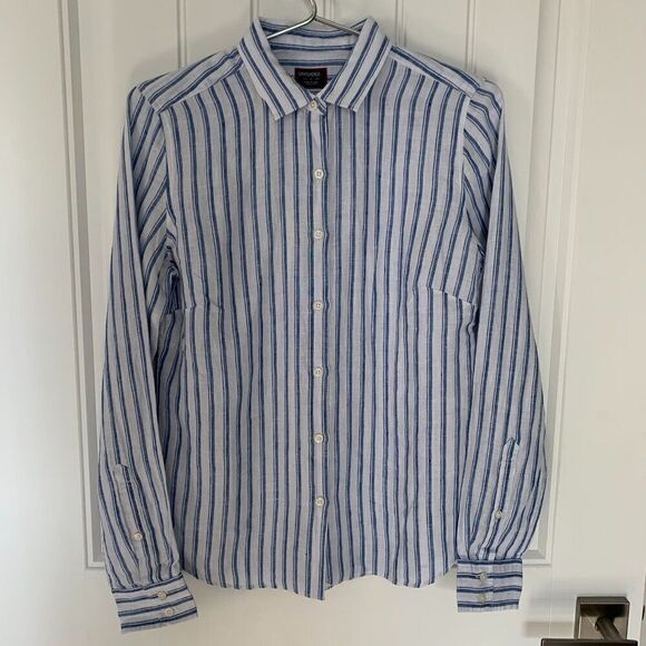 UNTUCKit Top 18 100% Linen Button Up Shirt Blue White Stripe Gift Ready Under - Picture 2 of 9
